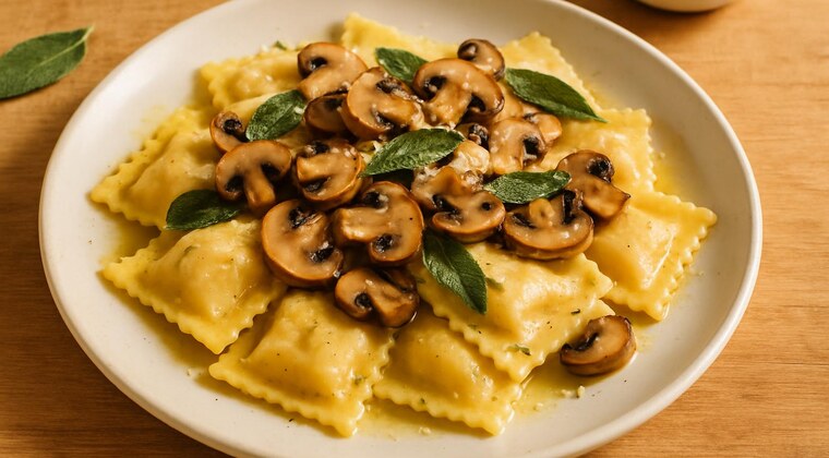 Agnolotti al burro e salvia con funghi trifolati