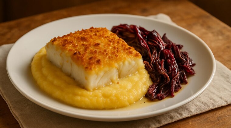Baccalà gratinato con radicchio e polenta morbida