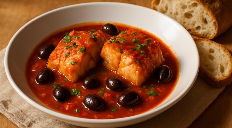 Baccalà in umido con pomodori e olive nere