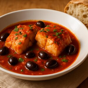 Baccalà in umido con pomodori e olive nere