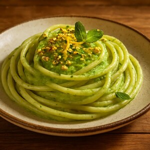 Bucatini con crema di zucchine, pistacchi e menta