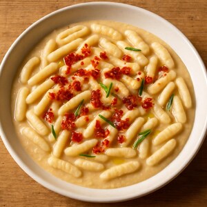 Cavatelli con crema di ceci, rosmarino e peperoni cruschi