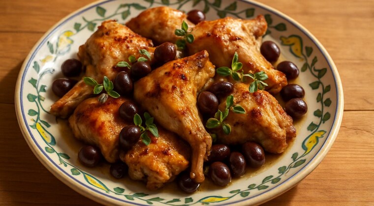 Coniglio al forno con olive taggiasche e maggiorana
