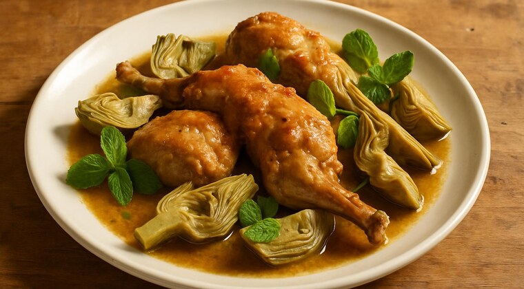 Coniglio in umido con carciofi e mentuccia