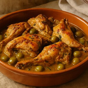 Coniglio con rosmarino, salvia e olive verdi