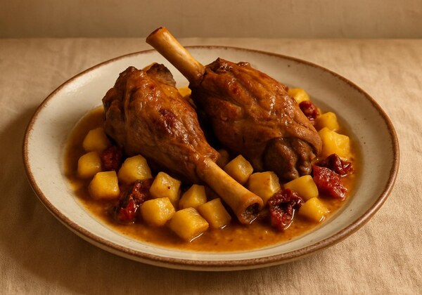 Cosciotti di agnello stufati con patate e peperoni secchi