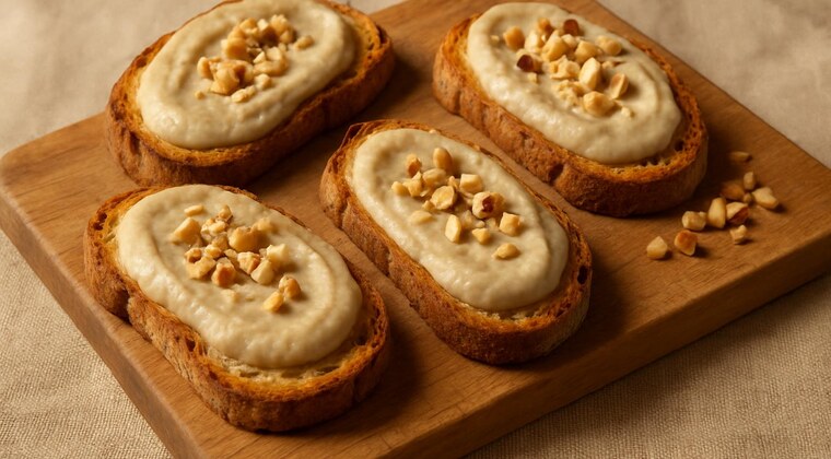 Crostini con crema di cardi e nocciole tostate