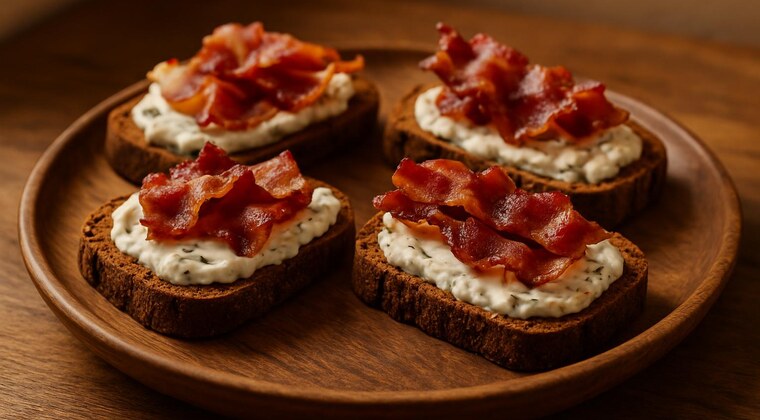 Pane di segale con formaggio, erba cipollina e speck croccante