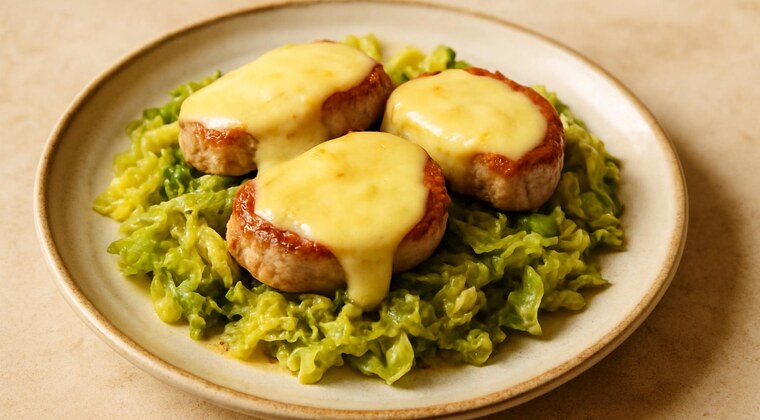 Filetto di maiale al Montasio con verze stufate