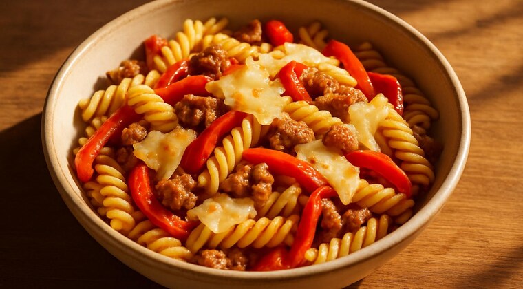 Fusilli con salsiccia di maiale, caciocavallo e peperoni