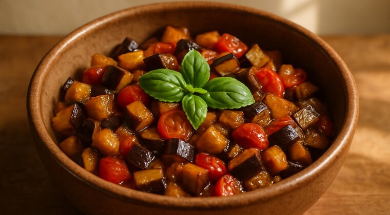 Melanzane stufate con pomodorini e basilico