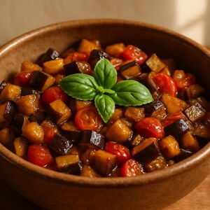 Melanzane stufate con pomodorini e basilico