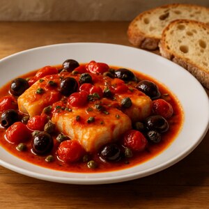 Merluzzo in umido con pomodorini e olive nere