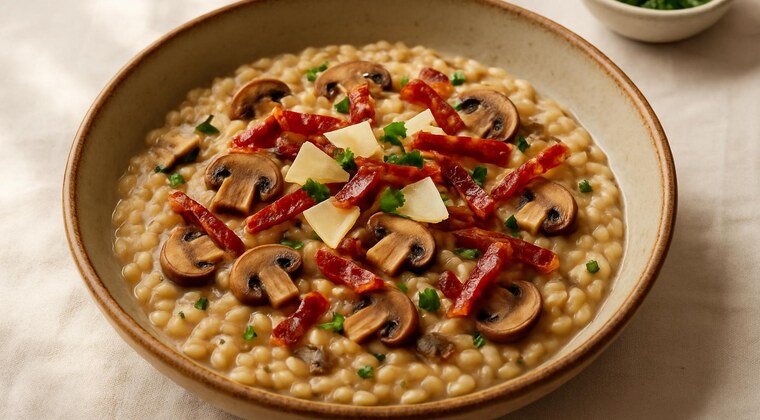 Orzotto con funghi, speck e Montasio