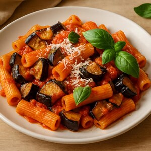 Pasta con melanzane passata di pomodoro e ricotta salata