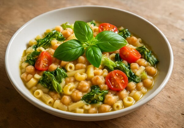 Pasta mista con ceci, scarola e pomodorini