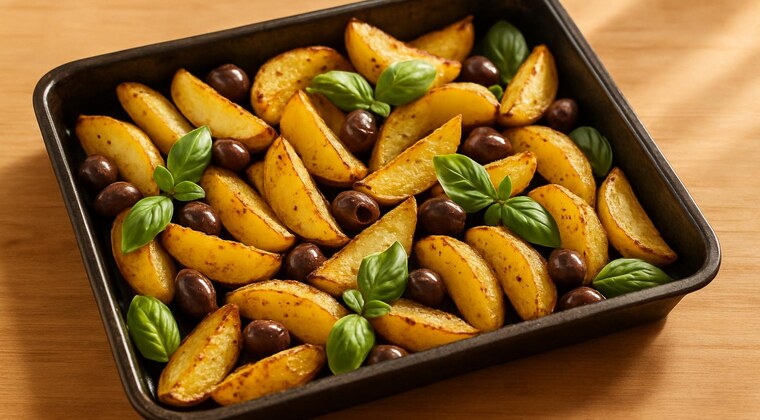 Patate al forno con olive taggiasche e basilico