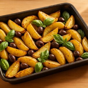 Patate al forno con olive taggiasche e basilico