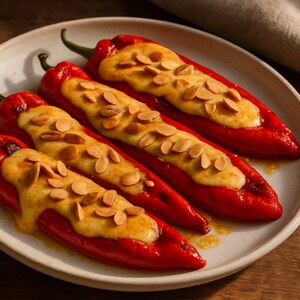 Peperoni arrostiti con crema di caciocavallo e mandorle