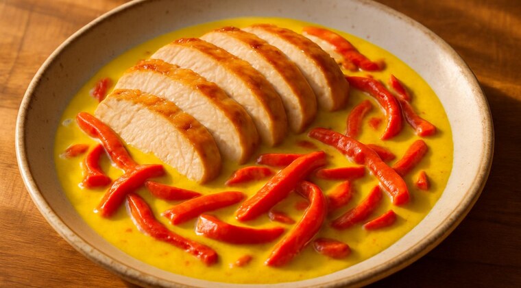 Petto di pollo allo zafferano e peperoni