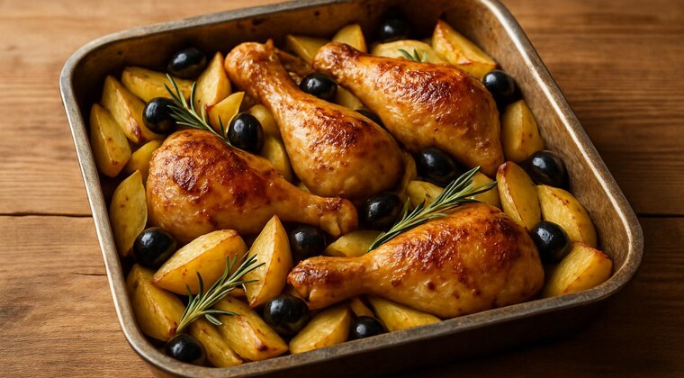 Pollo al forno con patate, rosmarino e olive nere