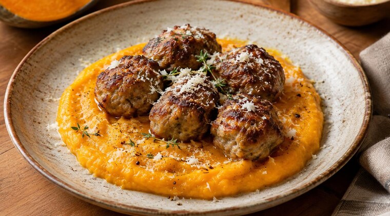 Polpette di agnello con zucca arrosto e crema speziata