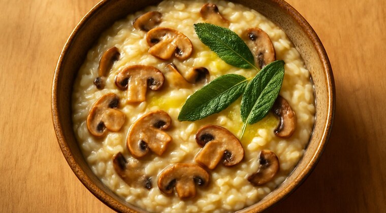 Risotto cremoso ai funghi e burro alla salvia