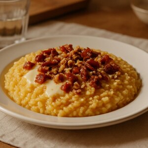 Risotto al Montasio e speck con noci croccanti