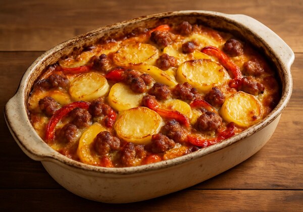 Sformato di patate, peperoni e salsiccia al forno
