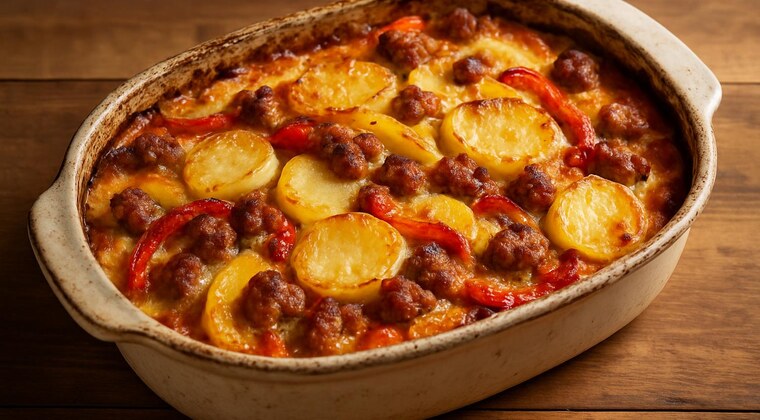 Sformato di patate, peperoni e salsiccia al forno