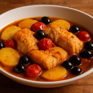 Stocco in umido con olive nere e patate