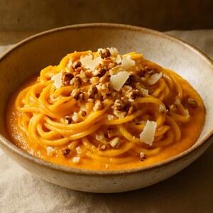 Tajarin con crema di zucca, nocciole e formaggio d'alpeggio