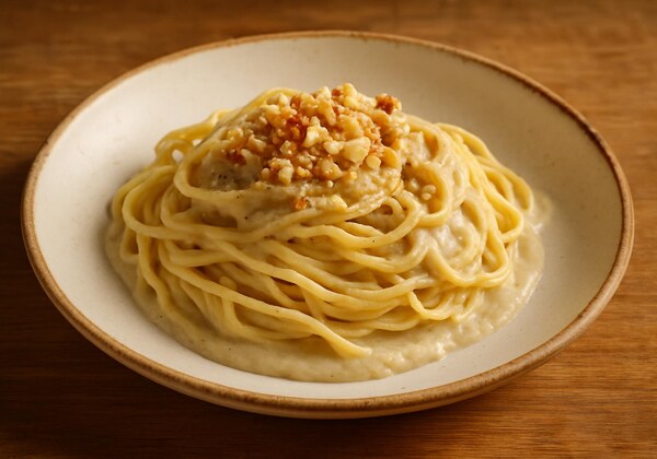 Tajarin con crema di cardi, nocciole e formaggio
