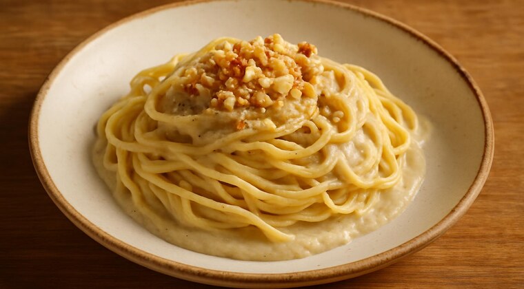 Tajarin con crema di cardi, nocciole e formaggio