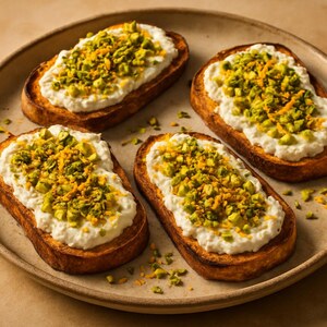 Tartine con ricotta, scorza d’arancia e pistacchi