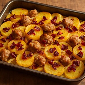 Teglia di patate, salsiccia e peperoni cruschi