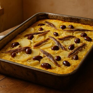 Teglia di polenta con acciughe, patate e olive taggiasche