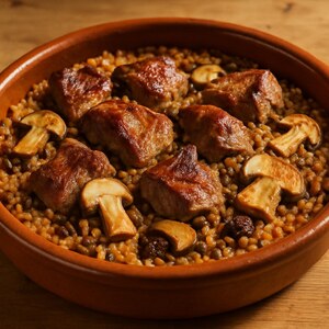 Farro con agnello, lenticchie e funghi
