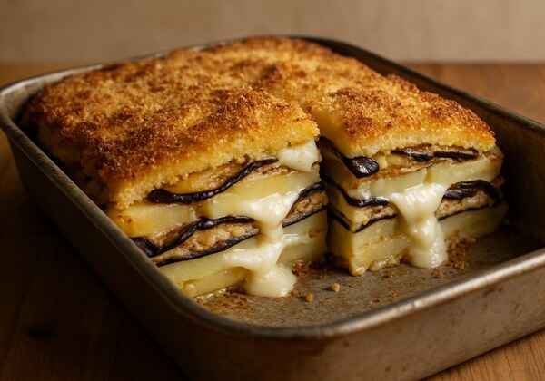 Timballo di patate, melanzane e mozzarella