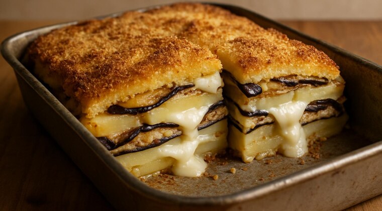 Timballo di patate, melanzane e mozzarella