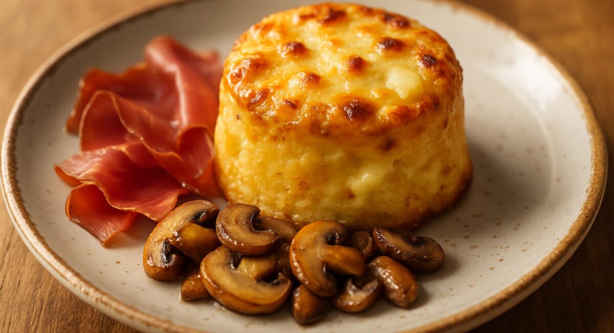 Tortino di orzo con funghi, speck e formaggio di malga