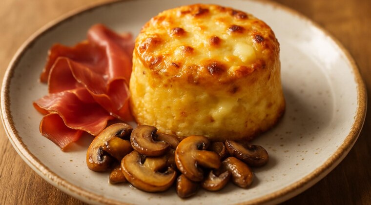 Tortino di orzo con funghi, speck e formaggio di malga