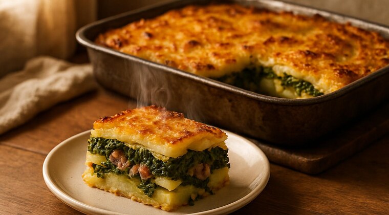 Tortino rustico di patate, cime di rapa e salsiccia