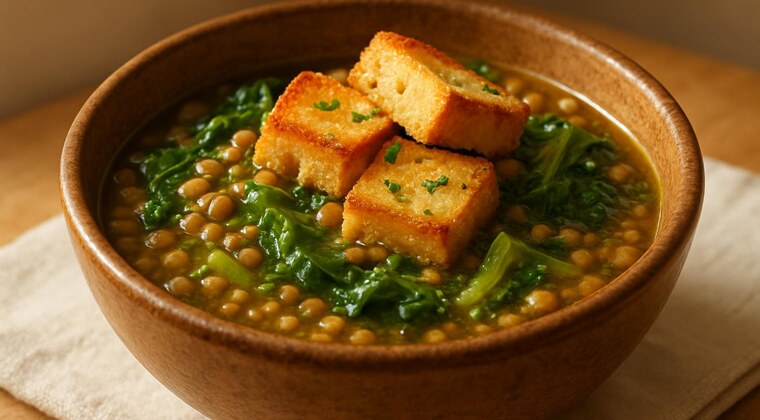 Zuppa di lenticchie con scarola e crostini