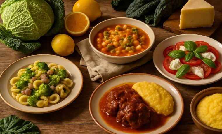 Tavola rustica con piatti di cucina italiana invernale e ingredienti di stagione, illuminata da luce naturale calda