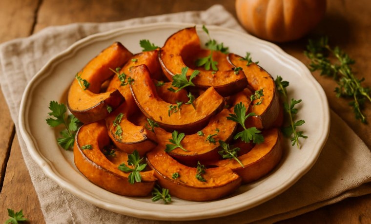 Piatto autunnale con zucca arrostita e erbe fresche in stile casalingo italiano